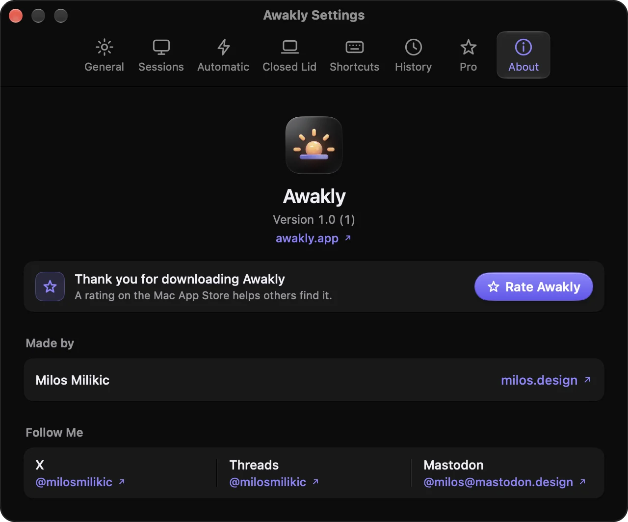 Awakly Settings, About tab
