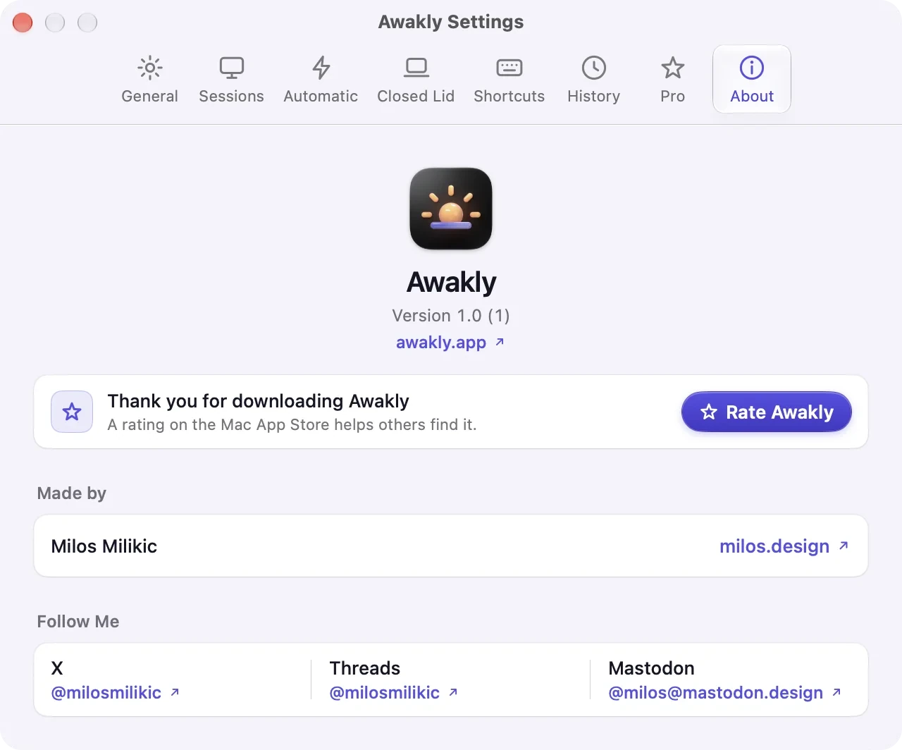 Awakly Settings, About tab