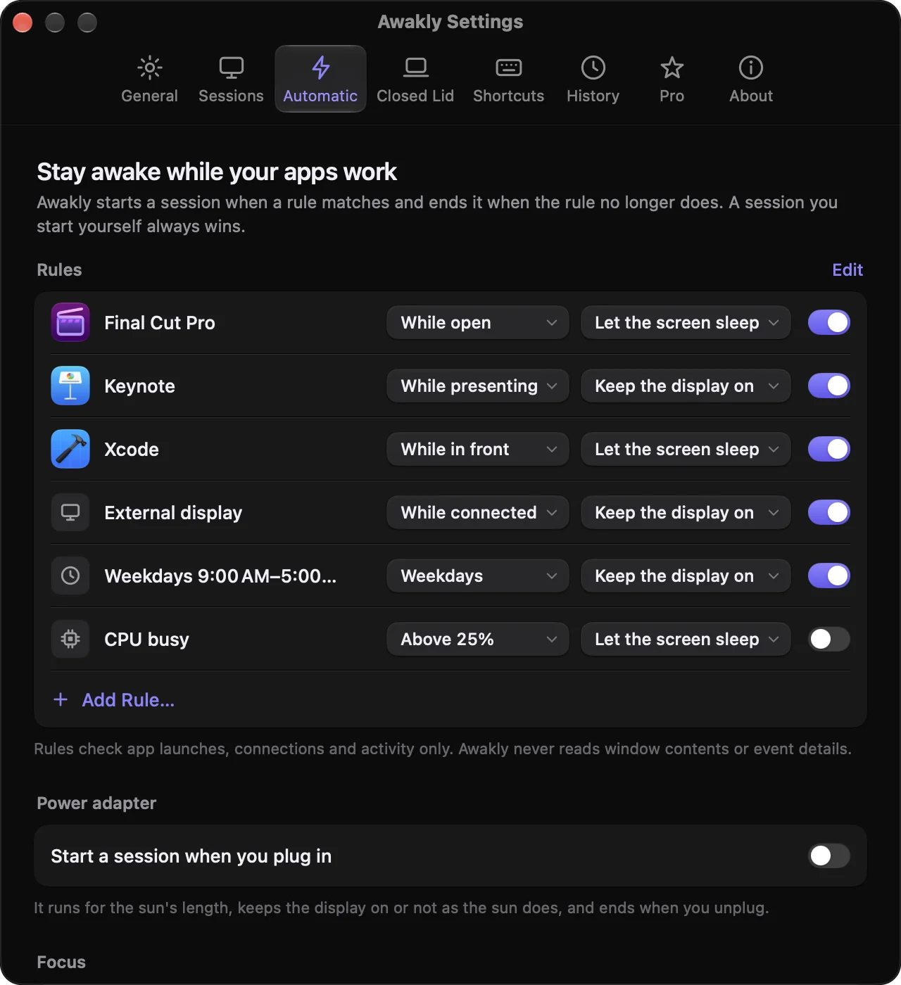 Awakly Settings, Automatic tab