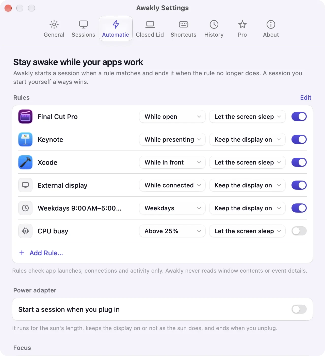 Awakly Settings, Automatic tab