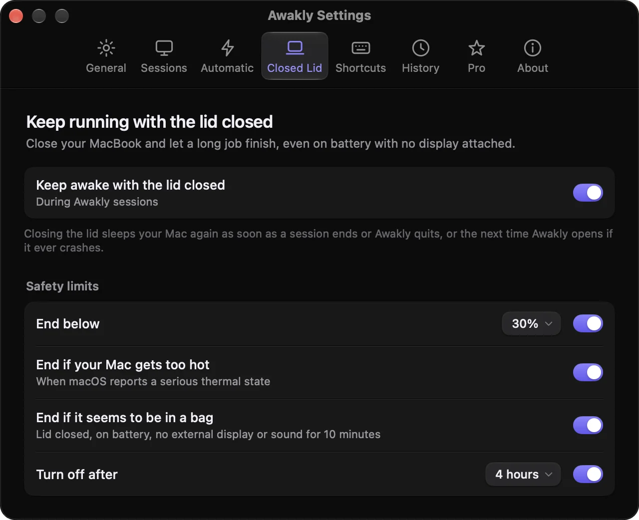 Awakly Settings, Closed Lid tab