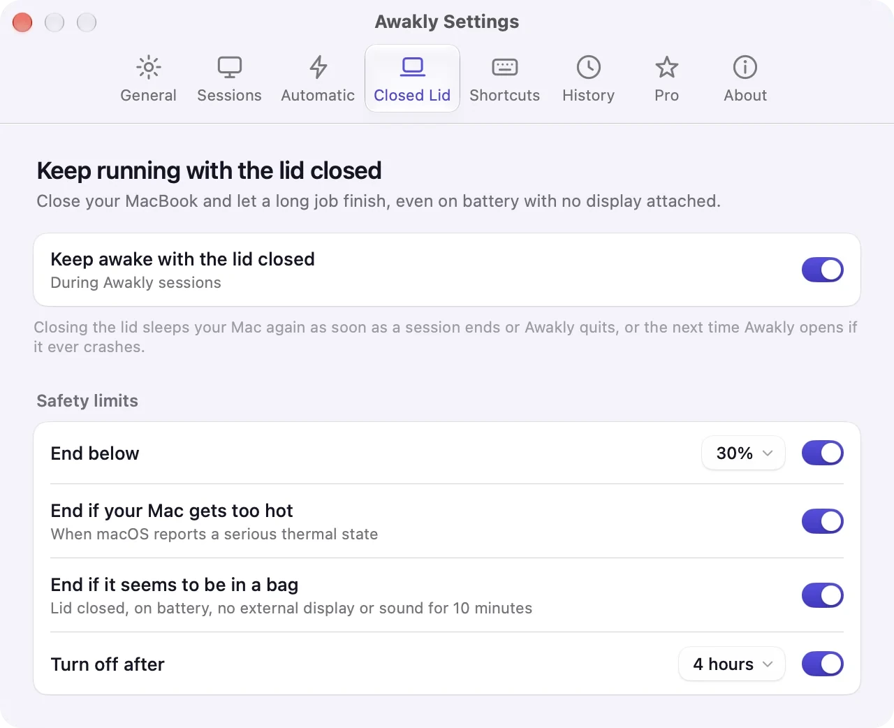 Awakly Settings, Closed Lid tab
