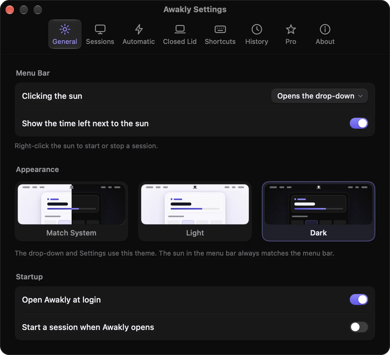 Awakly Settings, General tab