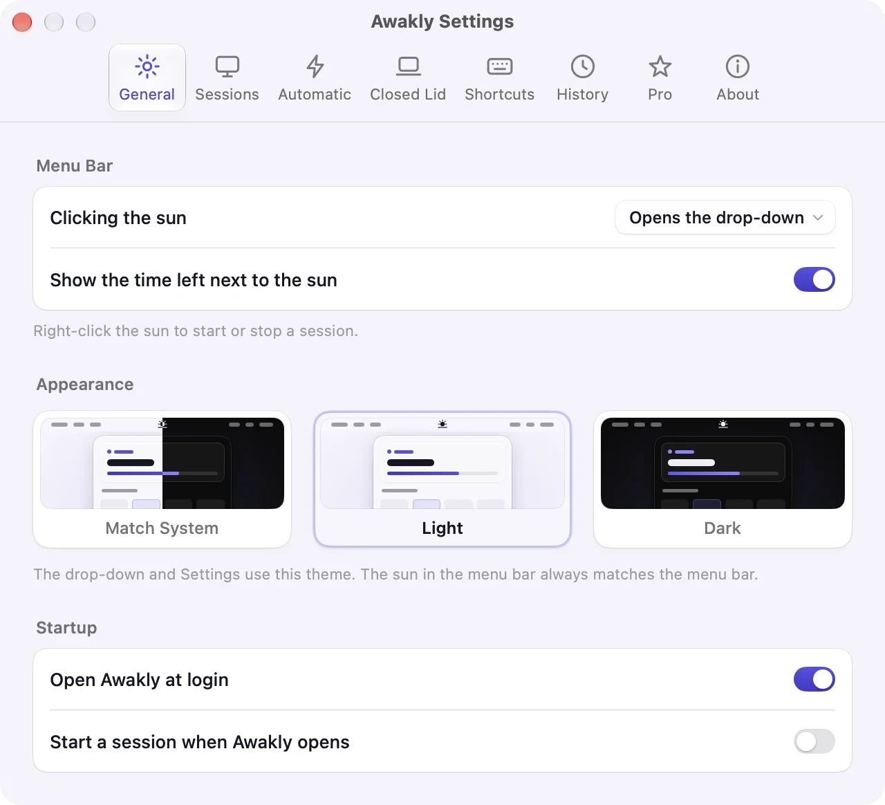 Awakly Settings, General tab