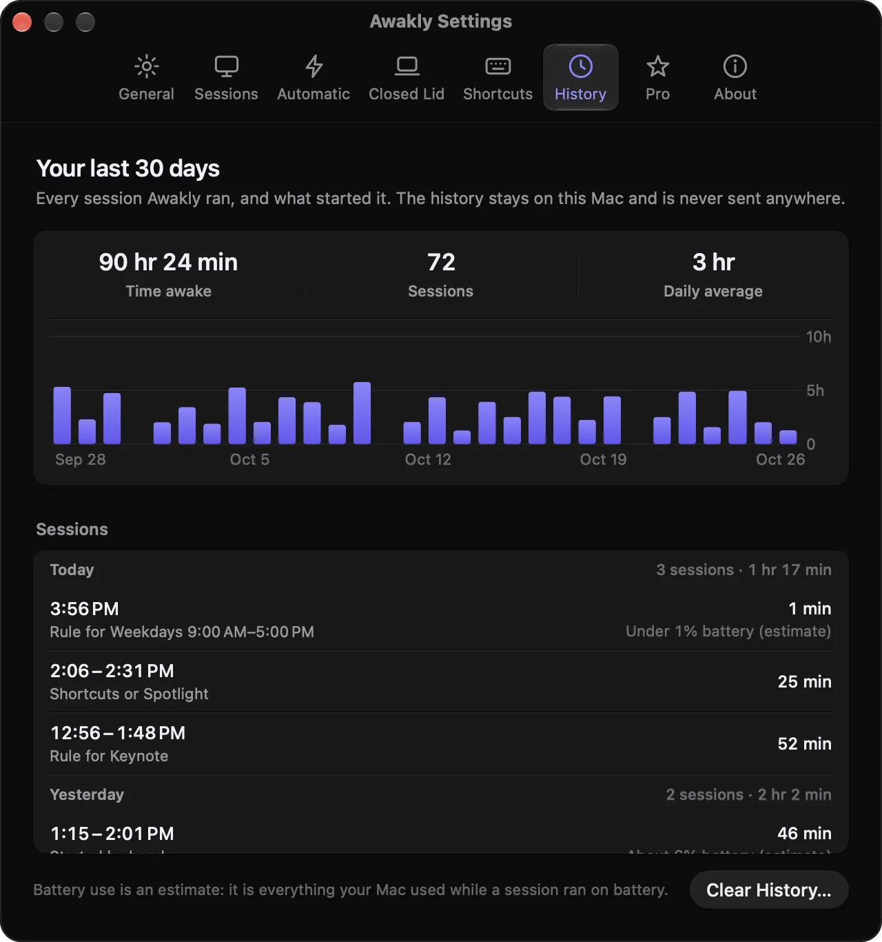 Awakly Settings, History tab