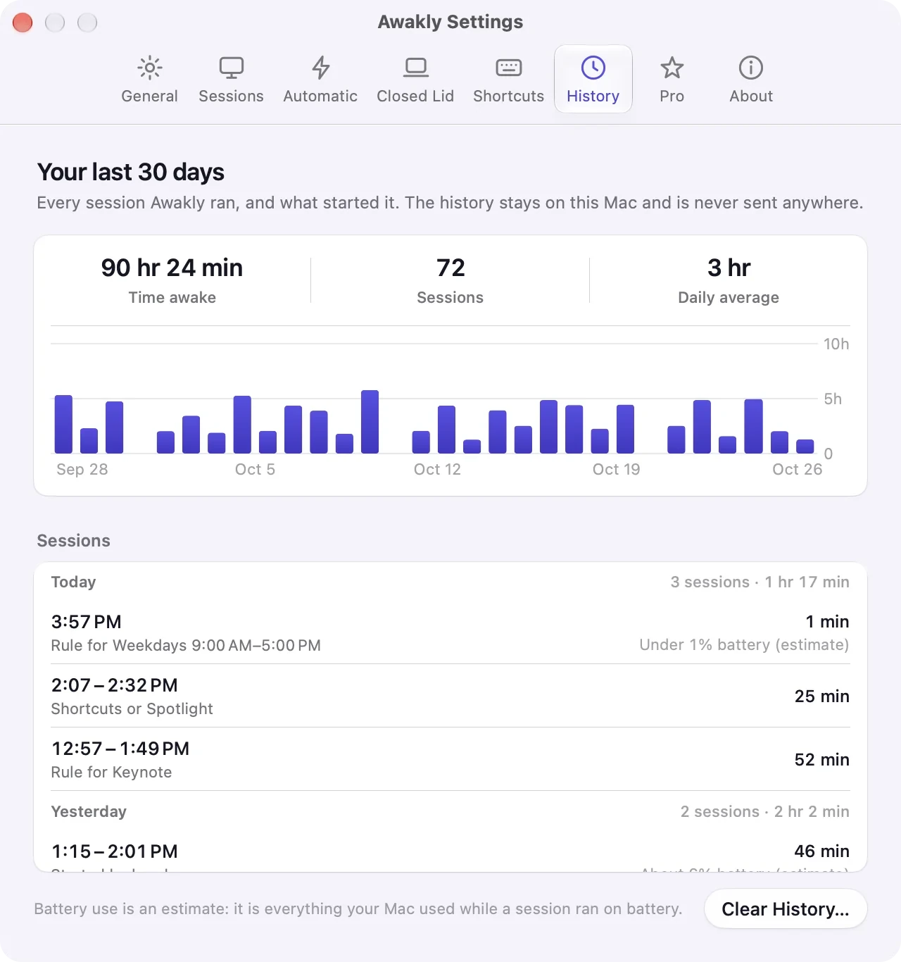 Awakly Settings, History tab