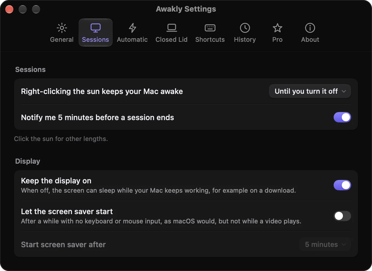 Awakly Settings, Sessions tab