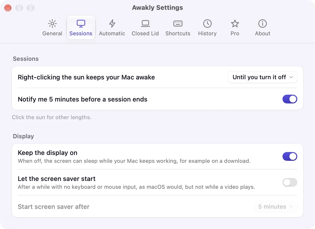 Awakly Settings, Sessions tab