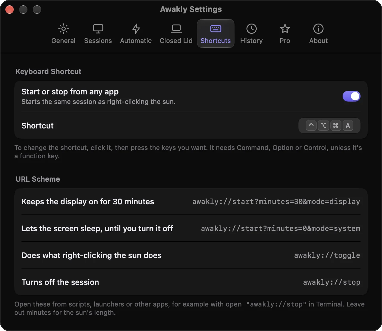 Awakly Settings, Shortcuts tab