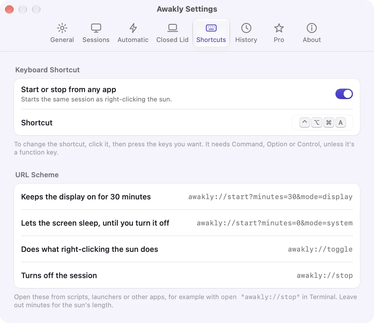 Awakly Settings, Shortcuts tab